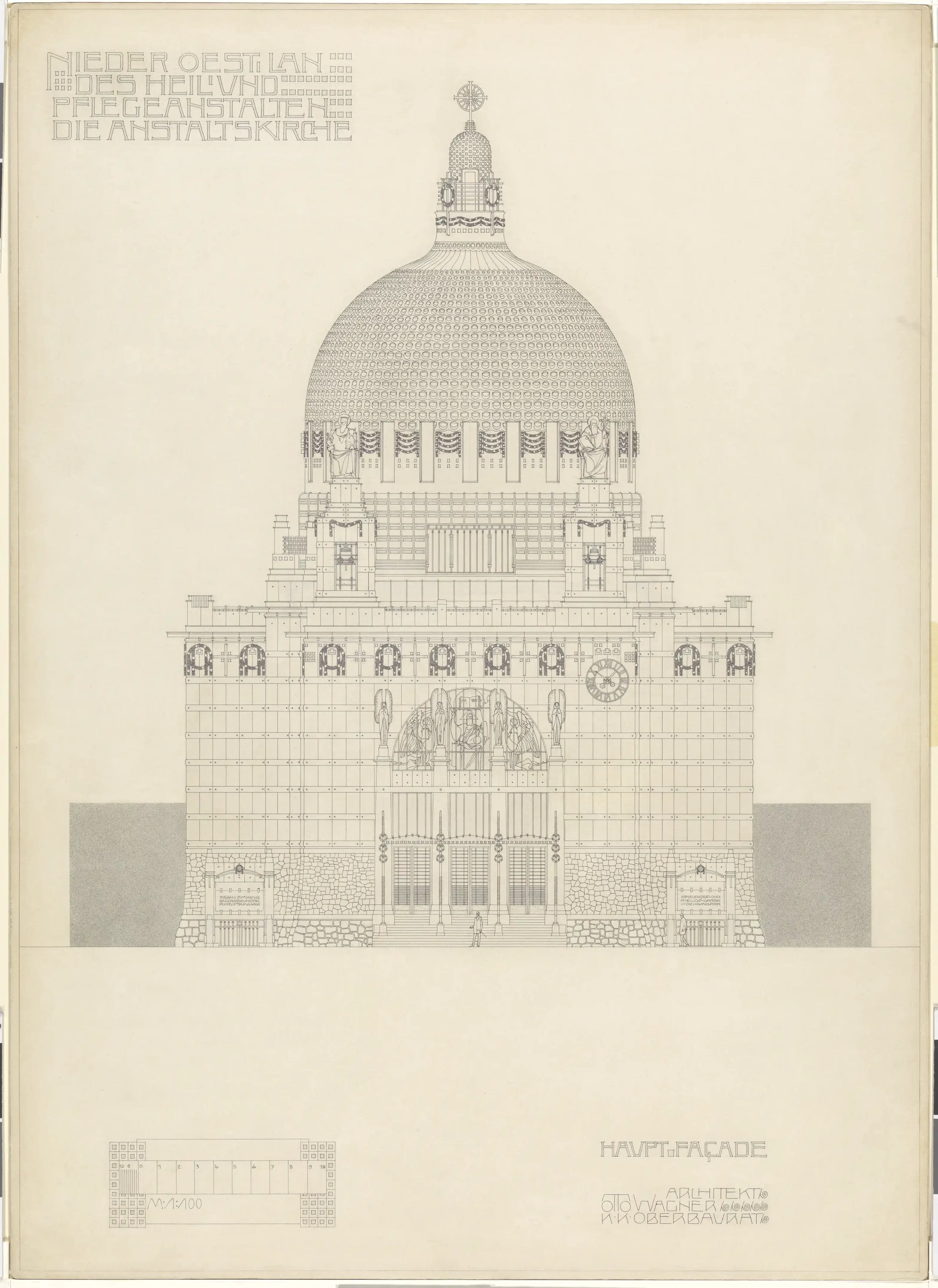 Otto Wagner, Am Steinhof Church, main façade, elevation, 1903–1904, Vienna Museum Collection Inv. No. 96011/15
