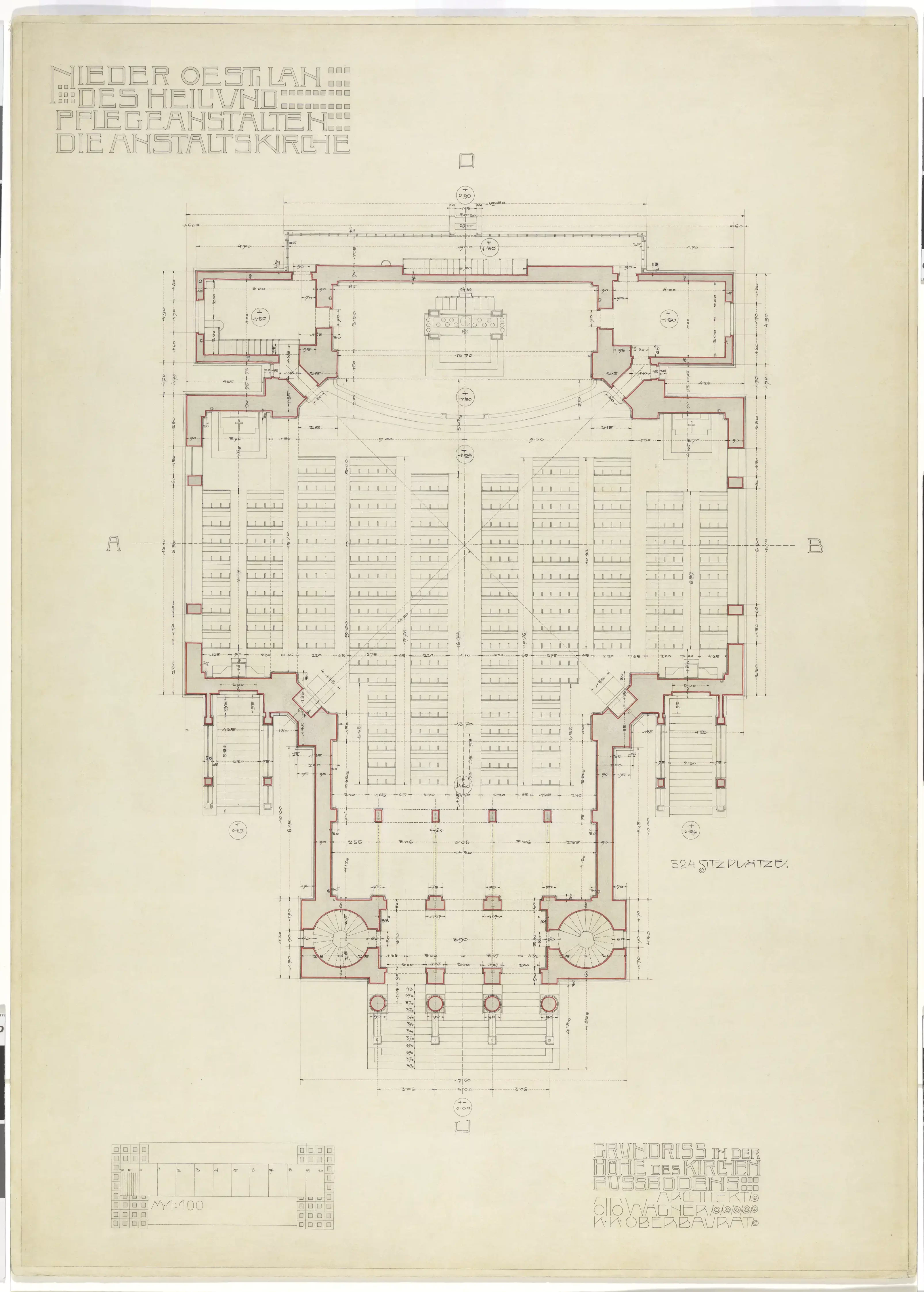Otto Wagner, Kirche Am Steinhof, Grundriss in Höhe des Kirchenfußbodens, 1903–1904, Wien Museum Inv.-Nr. 96011/20