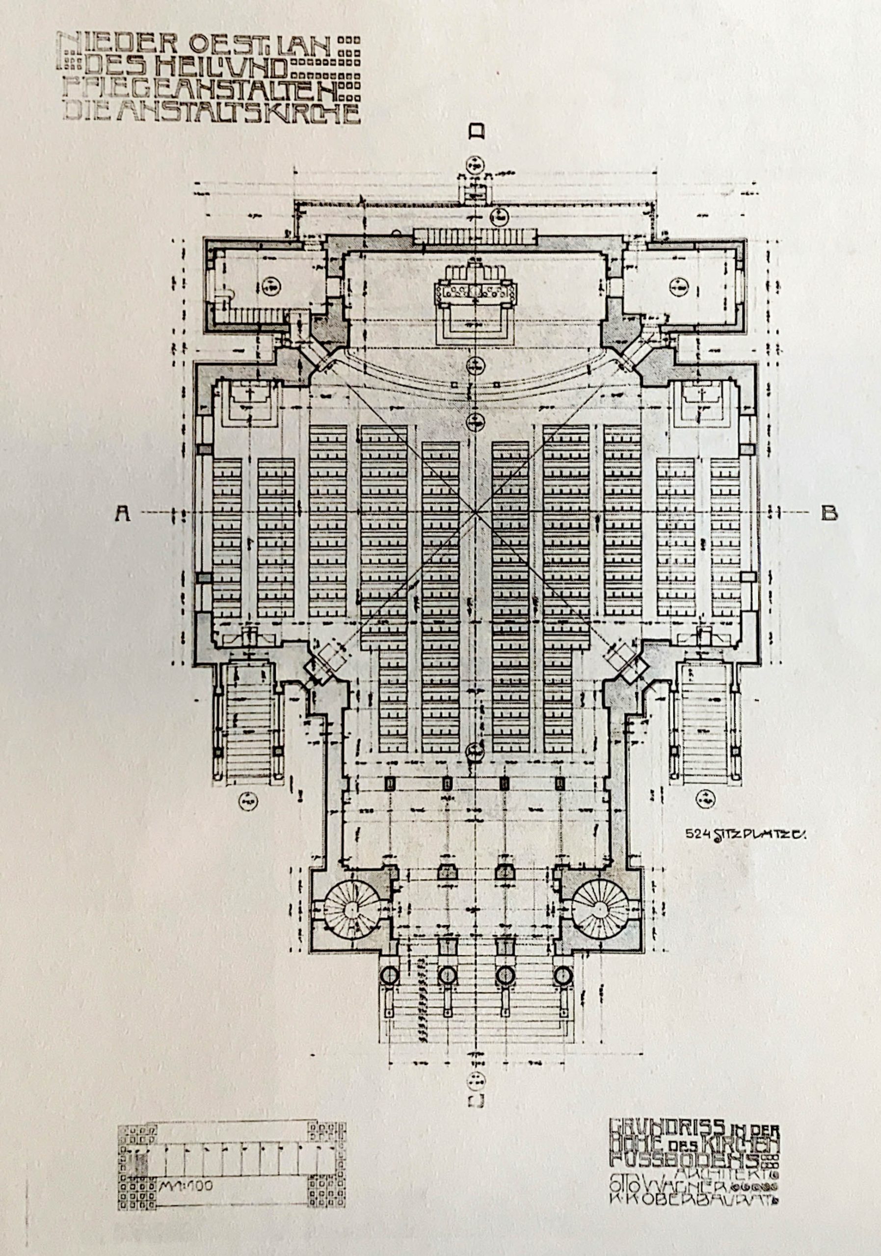 Kirche am Steinhof, Floor plan, 1904-1907. Architect: Otto Wagner