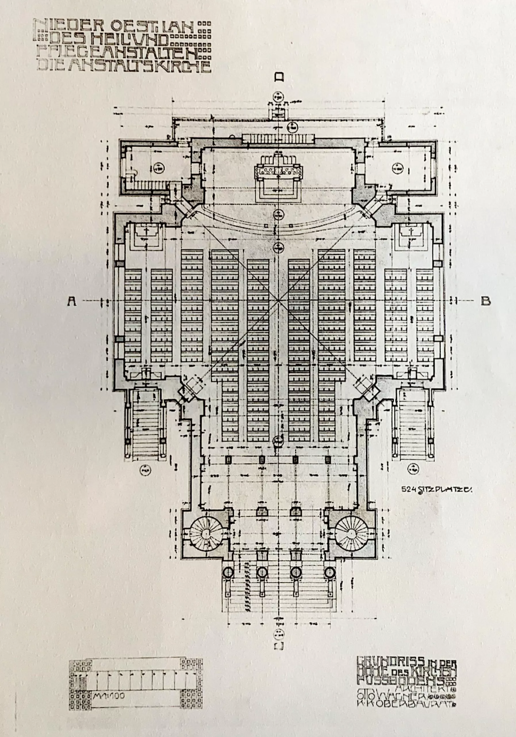 Kirche am Steinhof, Floor plan, 1904-1907. Architect: Otto Wagner