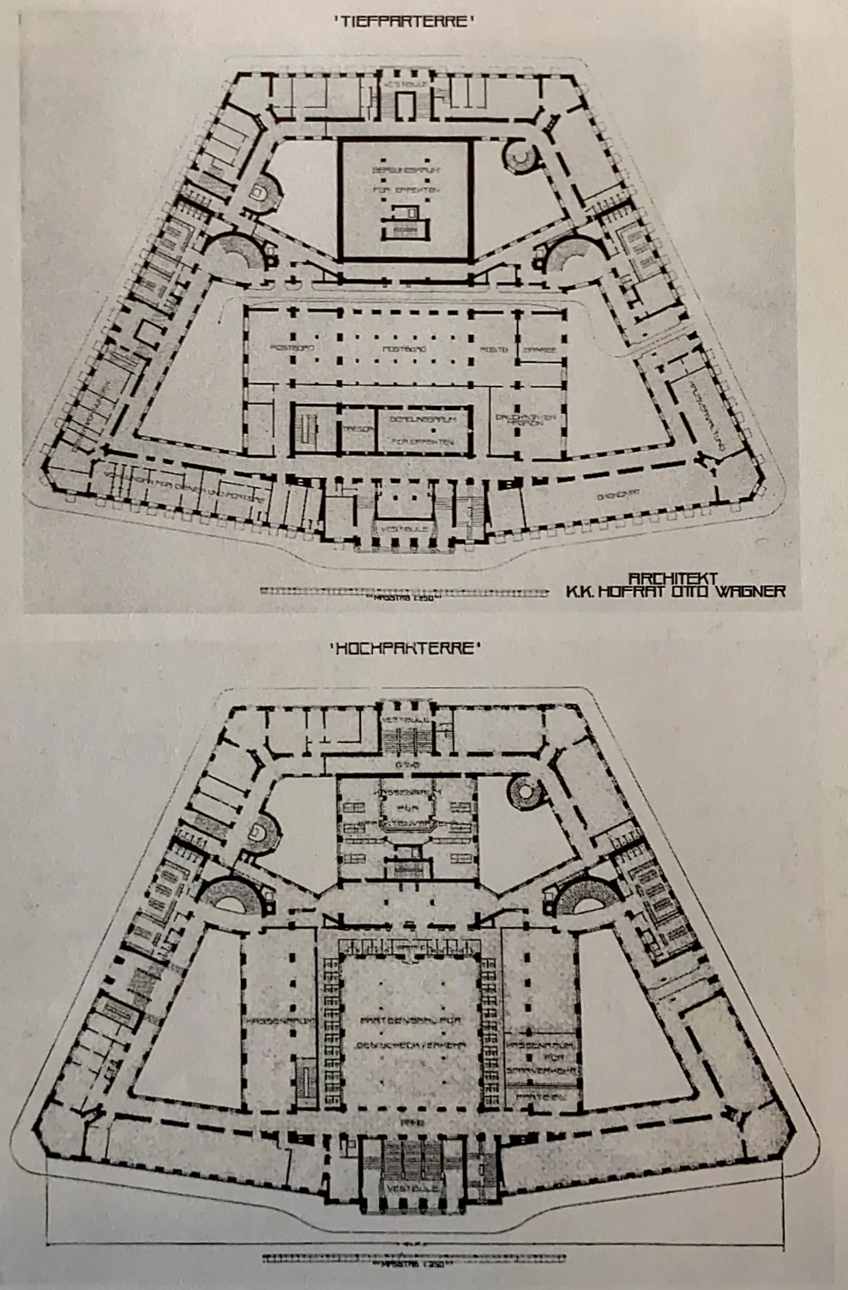 Postal Savings Bank, first floor and mezzanine floor plans, 1904-1912. Architect: Otto Wagner