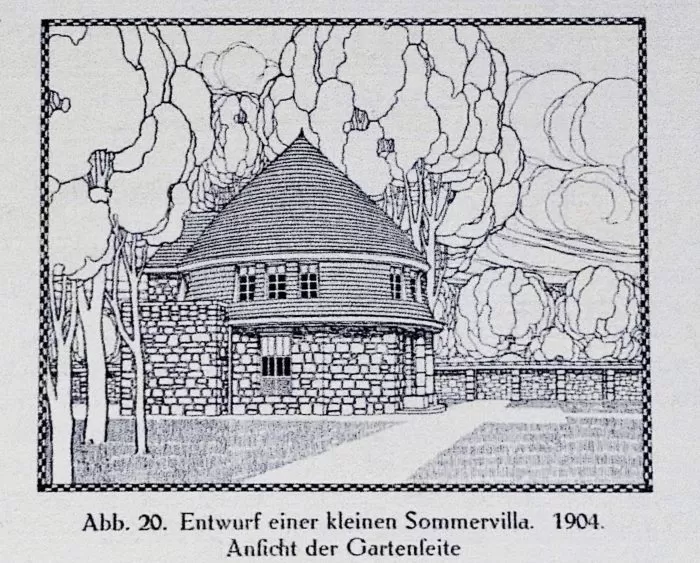 Peter Behrens: Entwurf einer kleinen Sommervilla, 1904. In: Fritz Hoeber: Peter Behrens, München 1913, S. 23.