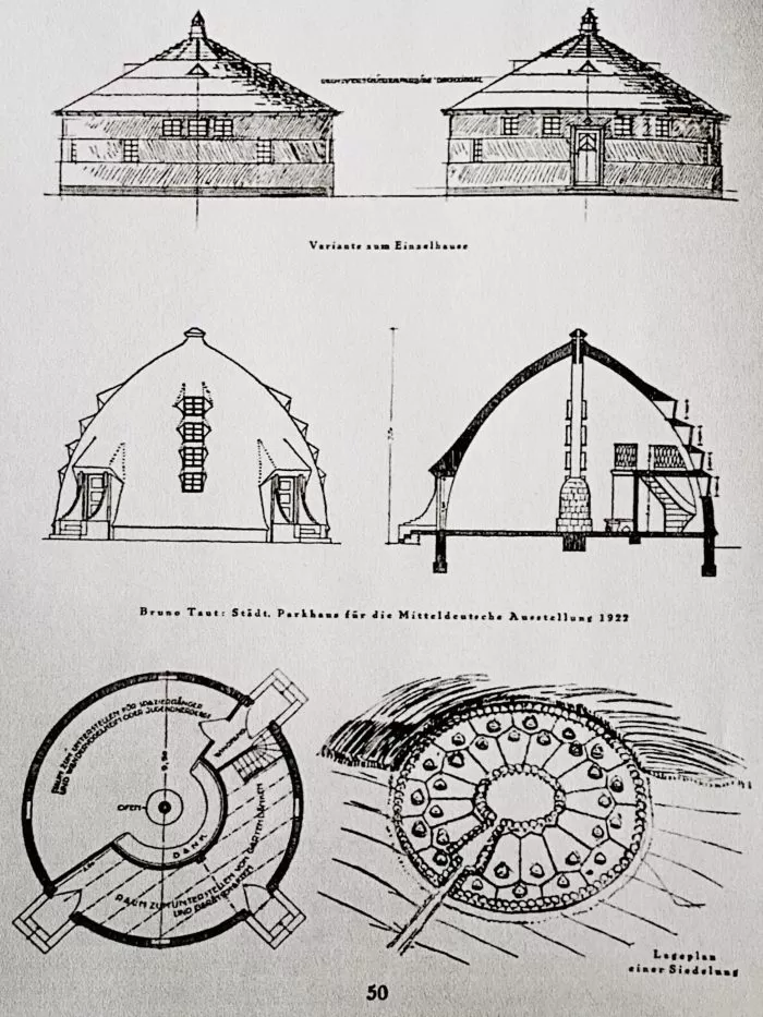 Bruno Taut: Städt. Parkhaus für die Mitteldeutsche Ausstellung 1922. In: Frühlicht, 1922, S. 50.