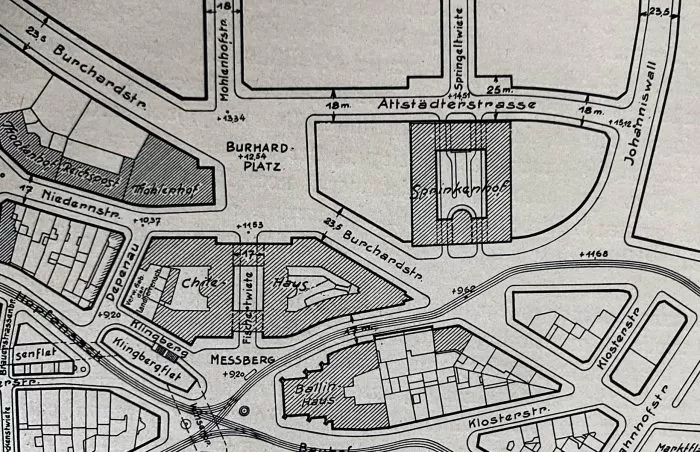 Lageplan des Gebiets südlich der Steinstraße mit Chile- und Ballinhaus. Aus: Hamburg und seine Bauten 1918-1929. Hamburg 1929.