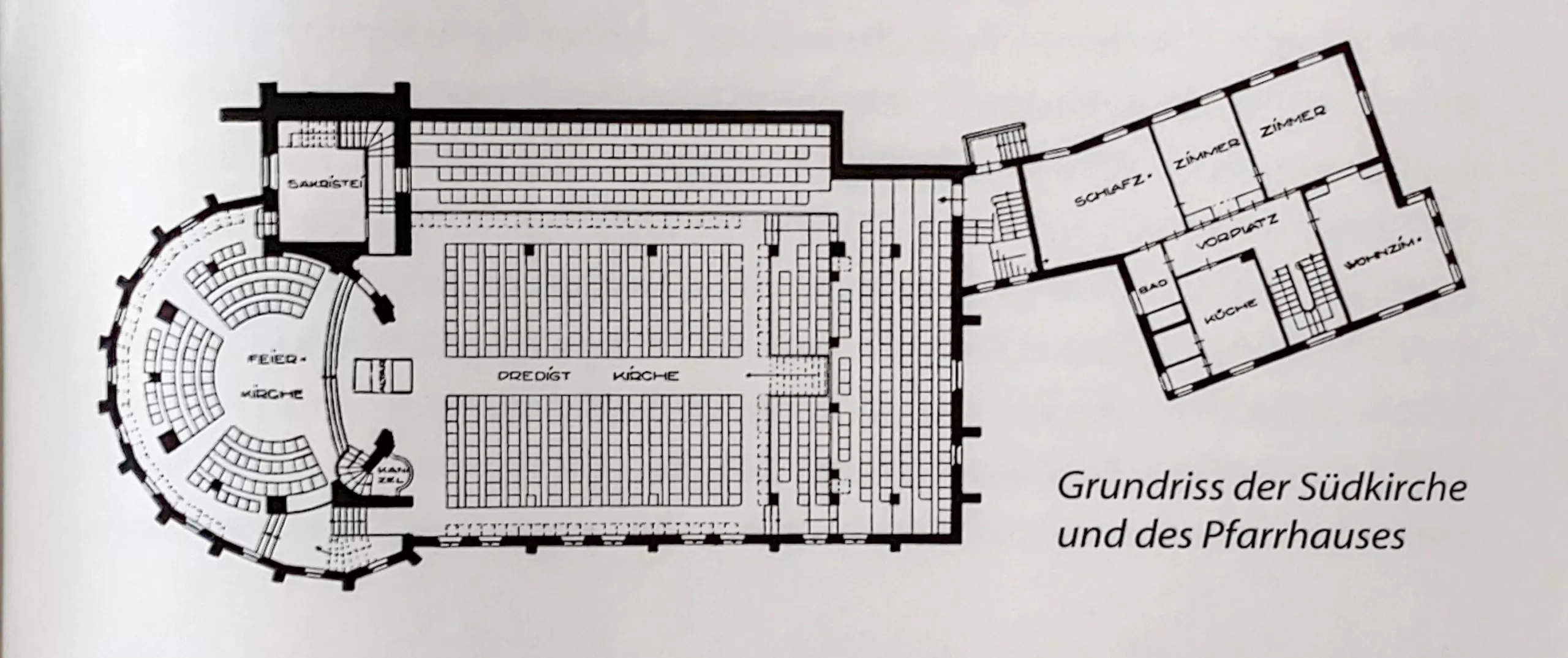 Protestant Südkirche, floor plan church and rectory, 1925-1926. Architect: Martin Elsaesser