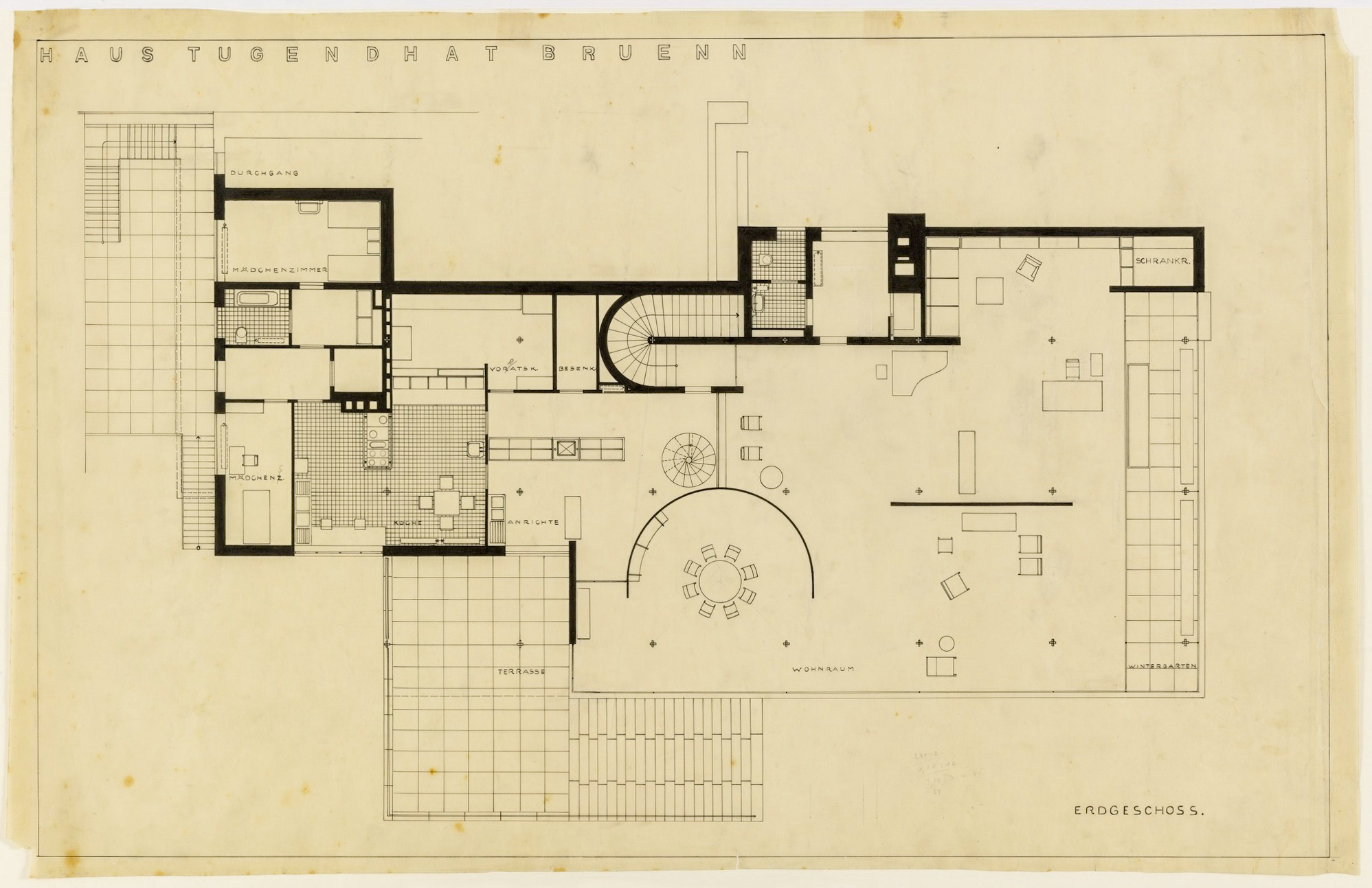 Mies van der Rohe, Tugendhat House. Ground floor plan drawing. Ink and pencil on tracing paper, 62.2 x 97.8 cm, Collection Museum of Modern Art, New York. https://www.moma.org/collection/works/89535