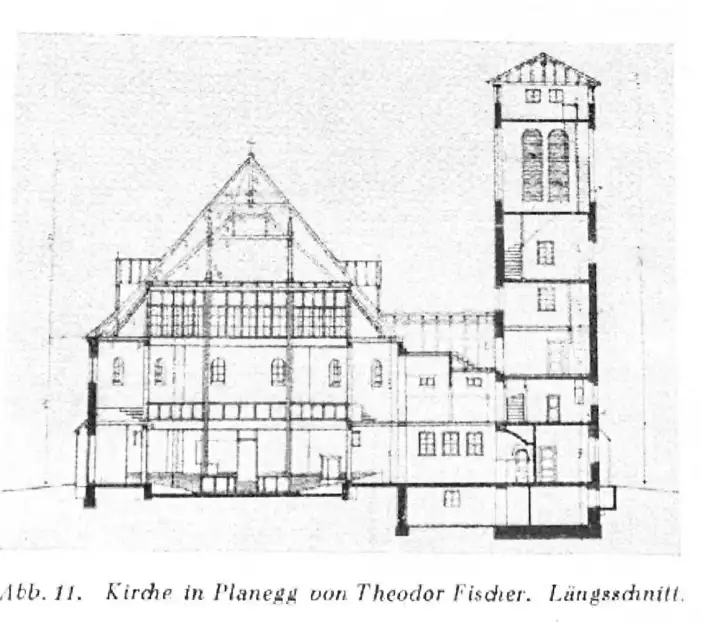 Waldkirche, 1925-1926. Architect: Theodor Fischer. Longitudinal view