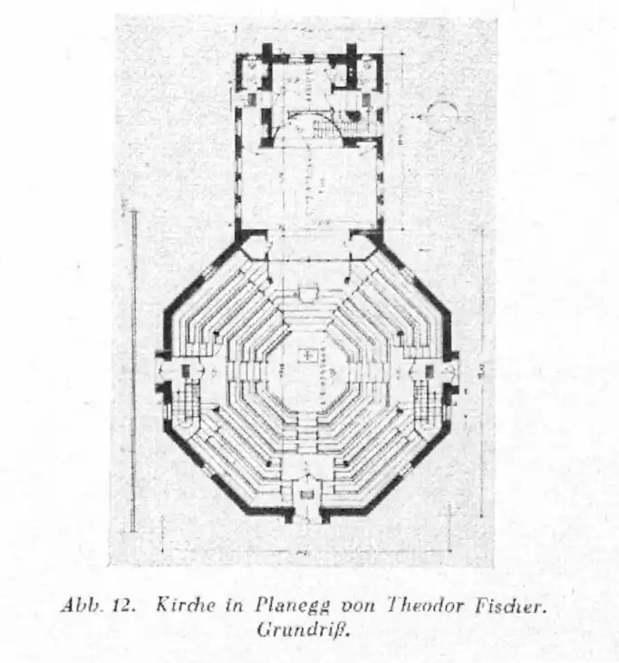 Waldkirche, 1925-1926. Architekt: Theodor Fischer. Grundriss