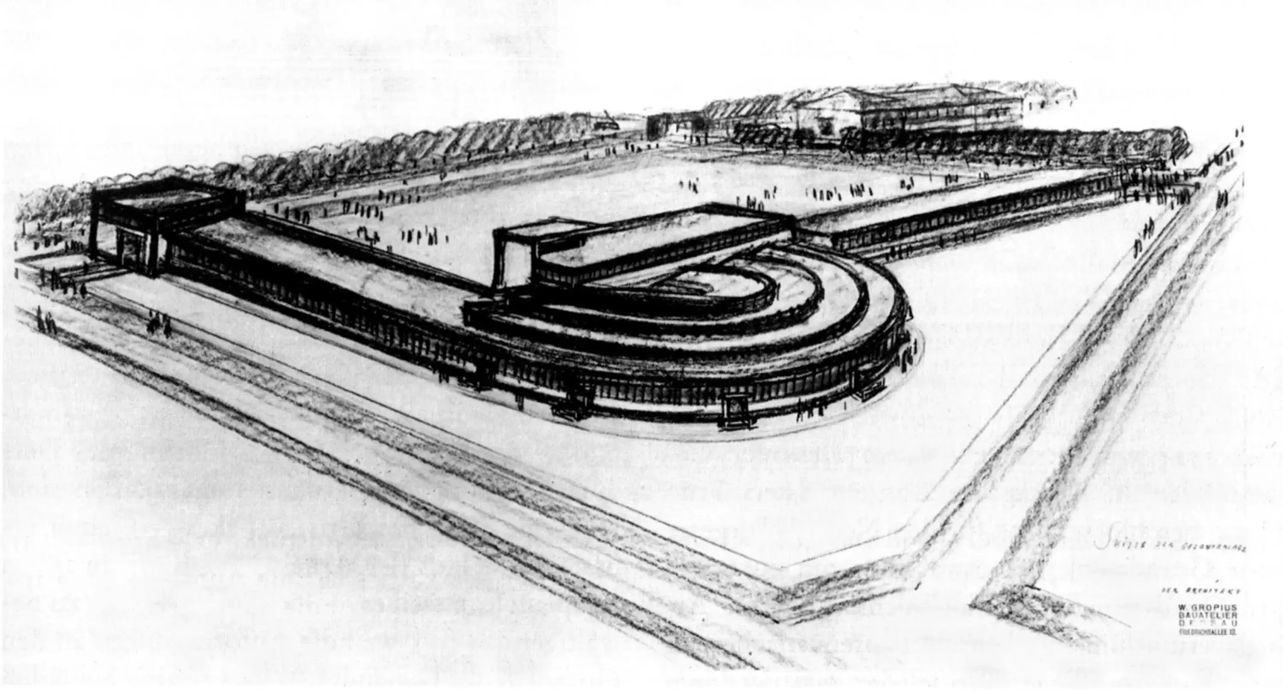 Walter Gropius, preliminary design drawing of the Dessau Employment Office, view from the northeast, 1927, Carl Fieger (attributed), photograph of the drawing