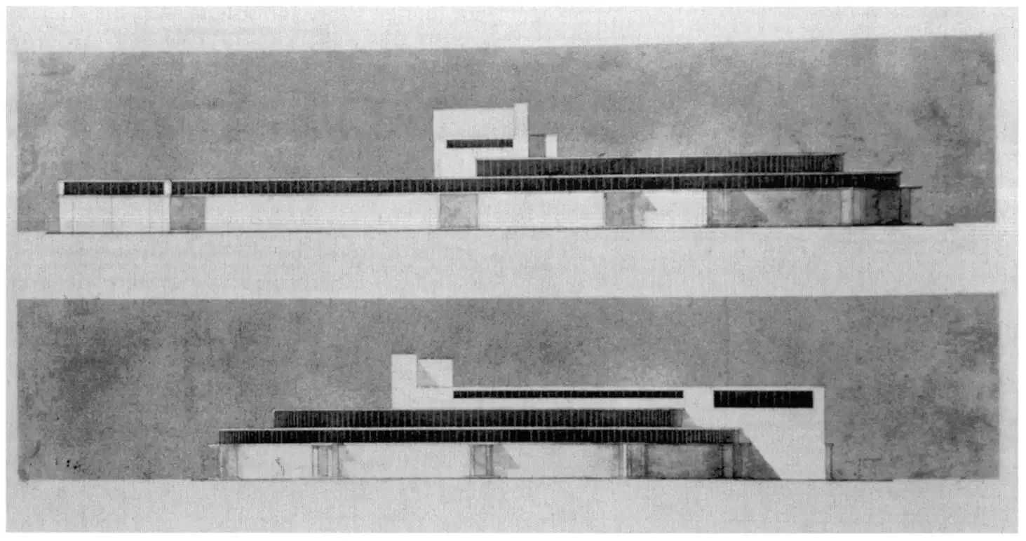 Walter Gropius, preliminary design drawing of the Dessau Employment Office, views from the east and north, 1927. Cambridge, Mass., Busch-Reisinger Museum